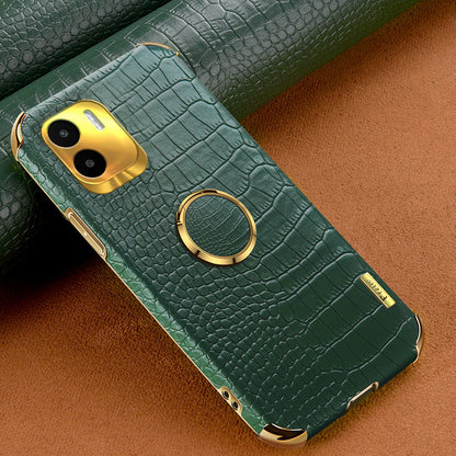 For Xiaomi Redmi A1 4G / A2 4G Crocodile Texture Leather Coated TPU Phone Case 6D Electroplated Cover with Ring Kickstand