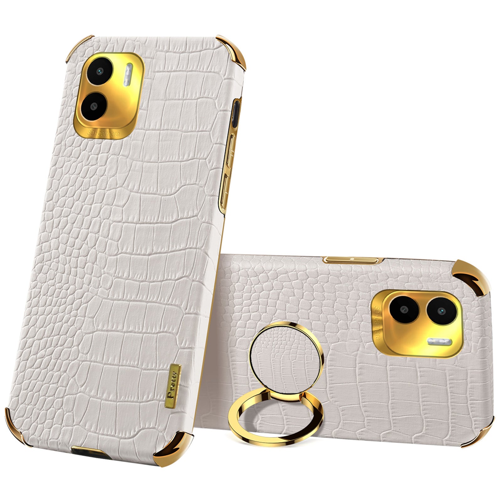 For Xiaomi Redmi A1 4G / A2 4G Crocodile Texture Leather Coated TPU Phone Case 6D Electroplated Cover with Ring Kickstand