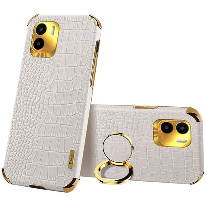 For Xiaomi Redmi A1 4G / A2 4G Crocodile Texture Leather Coated TPU Phone Case 6D Electroplated Cover with Ring Kickstand