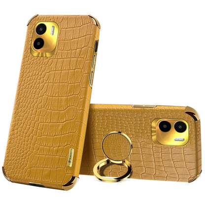 For Xiaomi Redmi A1 4G / A2 4G Crocodile Texture Leather Coated TPU Phone Case 6D Electroplated Cover with Ring Kickstand