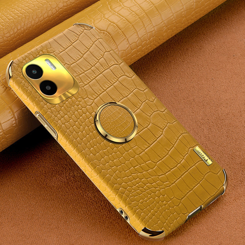 For Xiaomi Redmi A1 4G / A2 4G Crocodile Texture Leather Coated TPU Phone Case 6D Electroplated Cover with Ring Kickstand