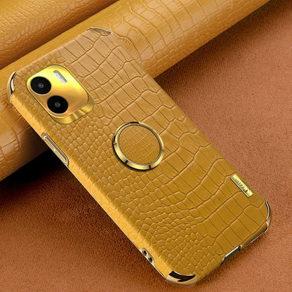 For Xiaomi Redmi A1 4G / A2 4G Crocodile Texture Leather Coated TPU Phone Case 6D Electroplated Cover with Ring Kickstand
