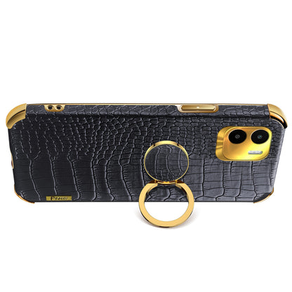 For Xiaomi Redmi A1 4G / A2 4G Crocodile Texture Leather Coated TPU Phone Case 6D Electroplated Cover with Ring Kickstand