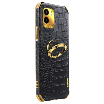 For Xiaomi Redmi A1 4G / A2 4G Crocodile Texture Leather Coated TPU Phone Case 6D Electroplated Cover with Ring Kickstand