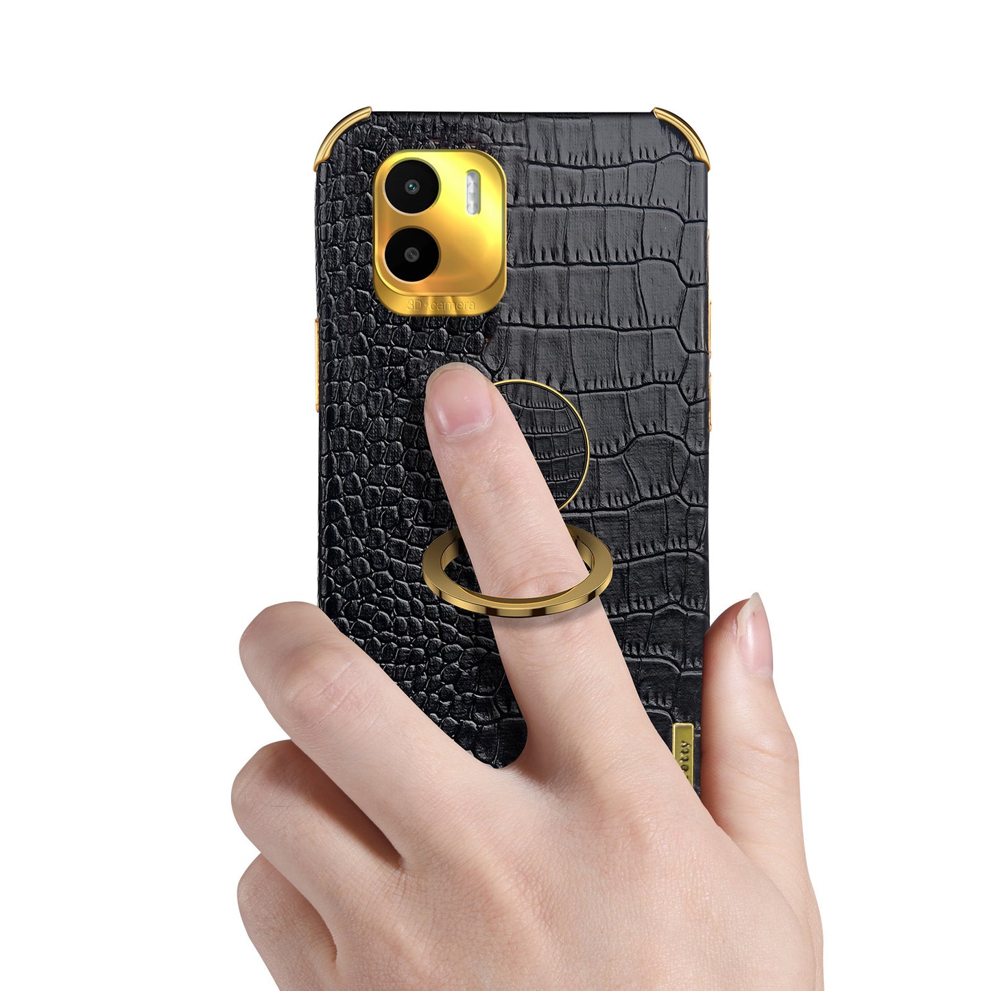 For Xiaomi Redmi A1 4G / A2 4G Crocodile Texture Leather Coated TPU Phone Case 6D Electroplated Cover with Ring Kickstand