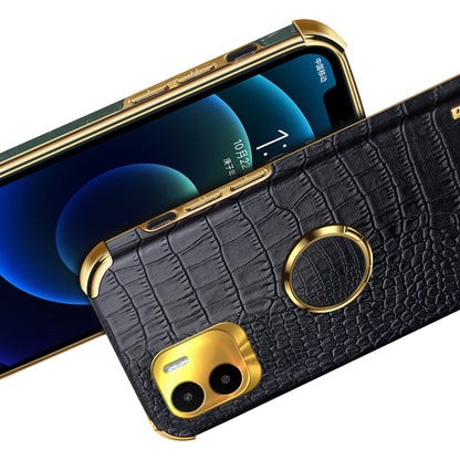 For Xiaomi Redmi A1 4G / A2 4G Crocodile Texture Leather Coated TPU Phone Case 6D Electroplated Cover with Ring Kickstand