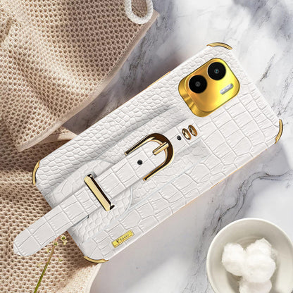 For Xiaomi Redmi A1 4G / A2 4G Wristband Kickstand PU Leather Coated TPU Case Electroplating Phone Cover