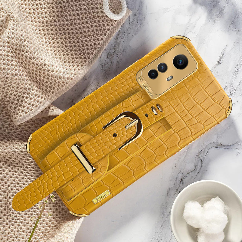 For Xiaomi Redmi Note 12S 4G Electroplating Phone Cover Wristband Kickstand Leather Coated TPU Case