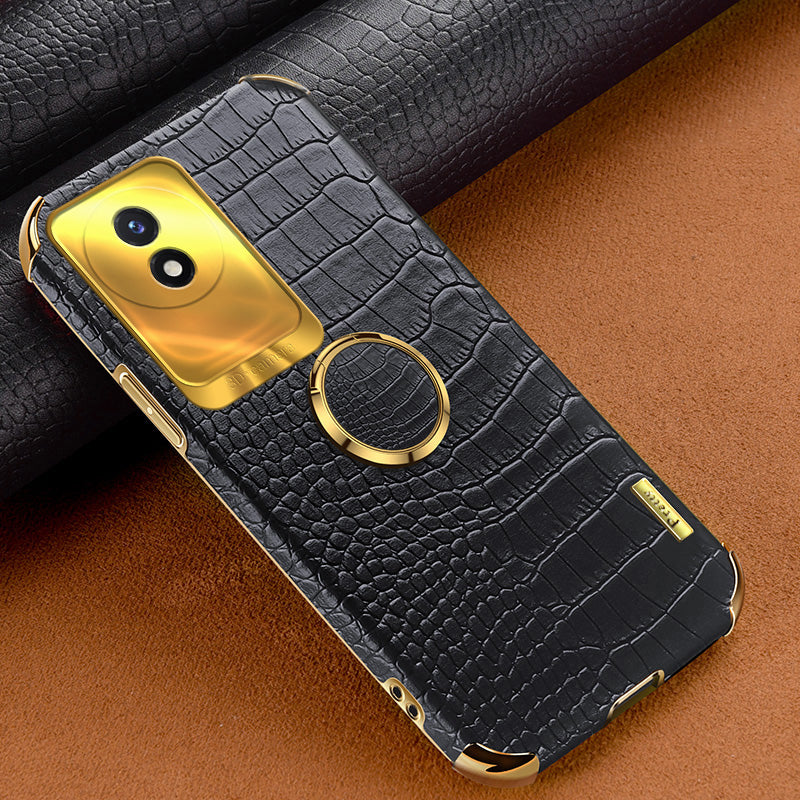 For vivo Y02 4G Leather Coated TPU Phone Case Ring Kickstand 6D Electroplated Back Cover