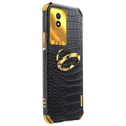 For vivo Y02 4G Leather Coated TPU Phone Case Ring Kickstand 6D Electroplated Back Cover