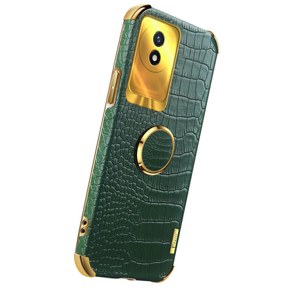 For vivo Y02 4G Leather Coated TPU Phone Case Ring Kickstand 6D Electroplated Back Cover