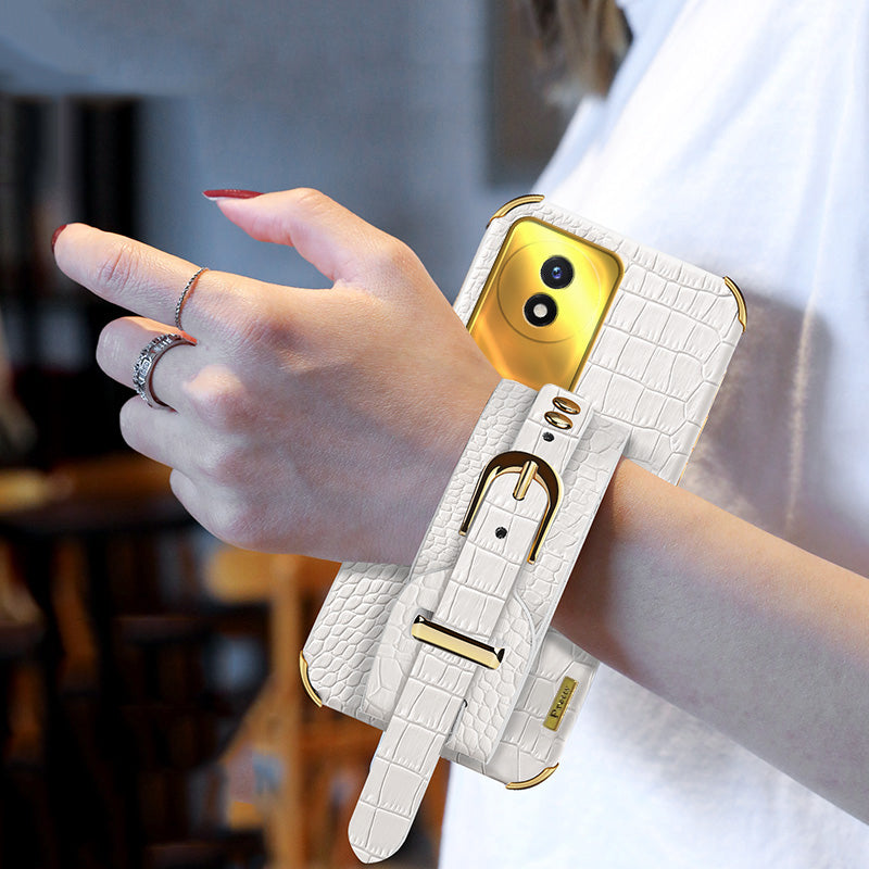 Wristband Kickstand Electroplating Case for vivo Y02 4G , PU Leather Coated TPU Phone Cover