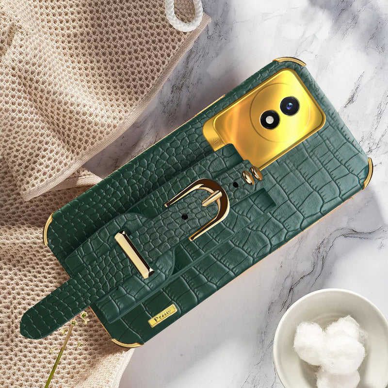 Wristband Kickstand Electroplating Case for vivo Y02 4G , PU Leather Coated TPU Phone Cover