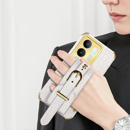 For vivo S17 5G PU Leather Coated TPU Case Wristband Kickstand Electroplating Phone Cover