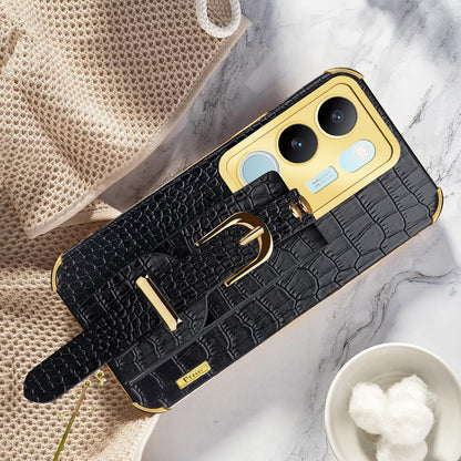 For vivo S17 5G PU Leather Coated TPU Case Wristband Kickstand Electroplating Phone Cover