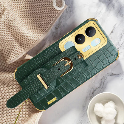 For vivo S17 5G PU Leather Coated TPU Case Wristband Kickstand Electroplating Phone Cover