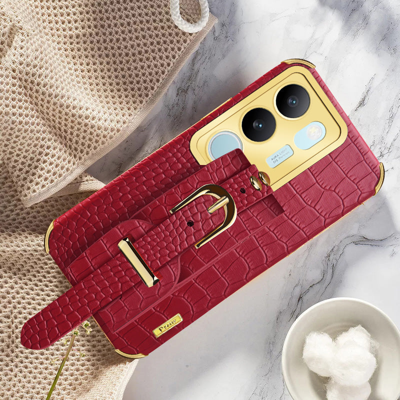 For vivo S17 5G PU Leather Coated TPU Case Wristband Kickstand Electroplating Phone Cover