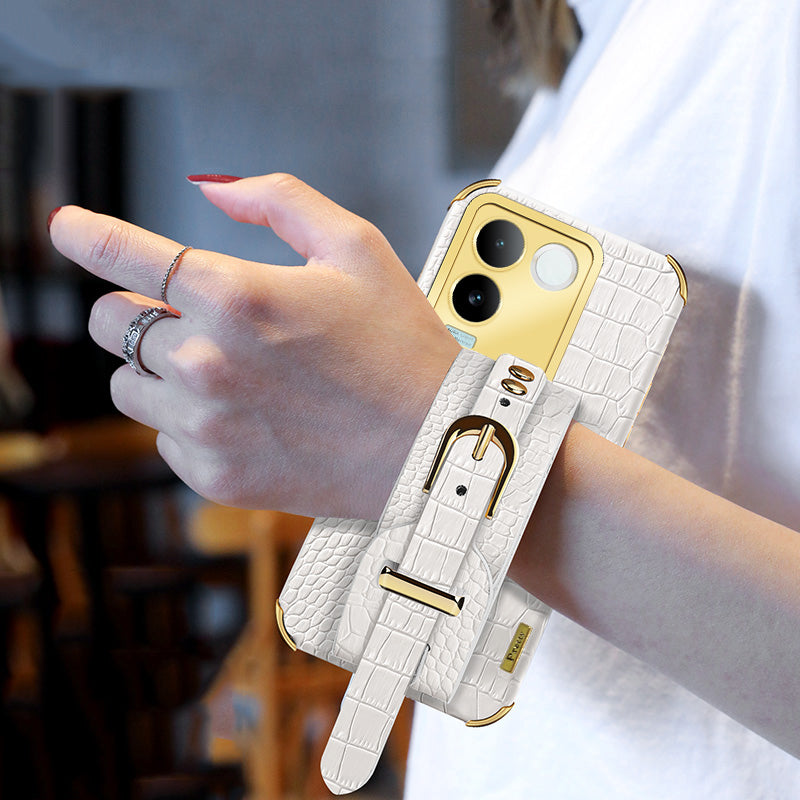 For vivo S17e 5G Wristband Kickstand Electroplating Phone Case PU Leather Coated TPU Phone Cover