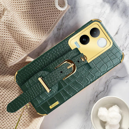 For vivo S17e 5G Wristband Kickstand Electroplating Phone Case PU Leather Coated TPU Phone Cover