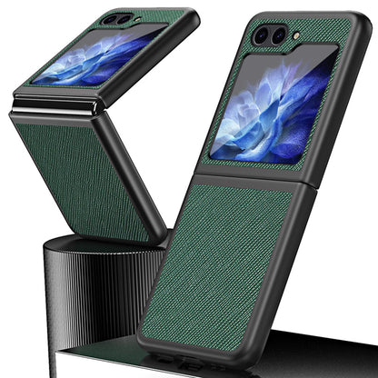 For Samsung Galaxy Z Flip5 5G Cross Texture Phone Case Rubberized PU Leather Hard PC Phone Cover