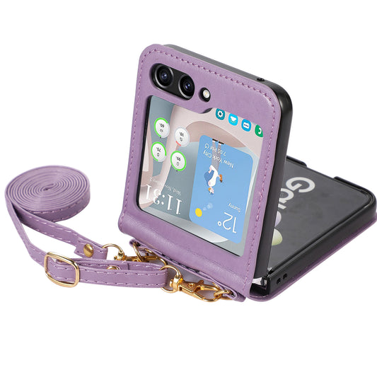 For Samsung Galaxy Z Flip5 5G PU Leather PC Phone Case Anti-Drop Protective Cover with Shoulder Strap