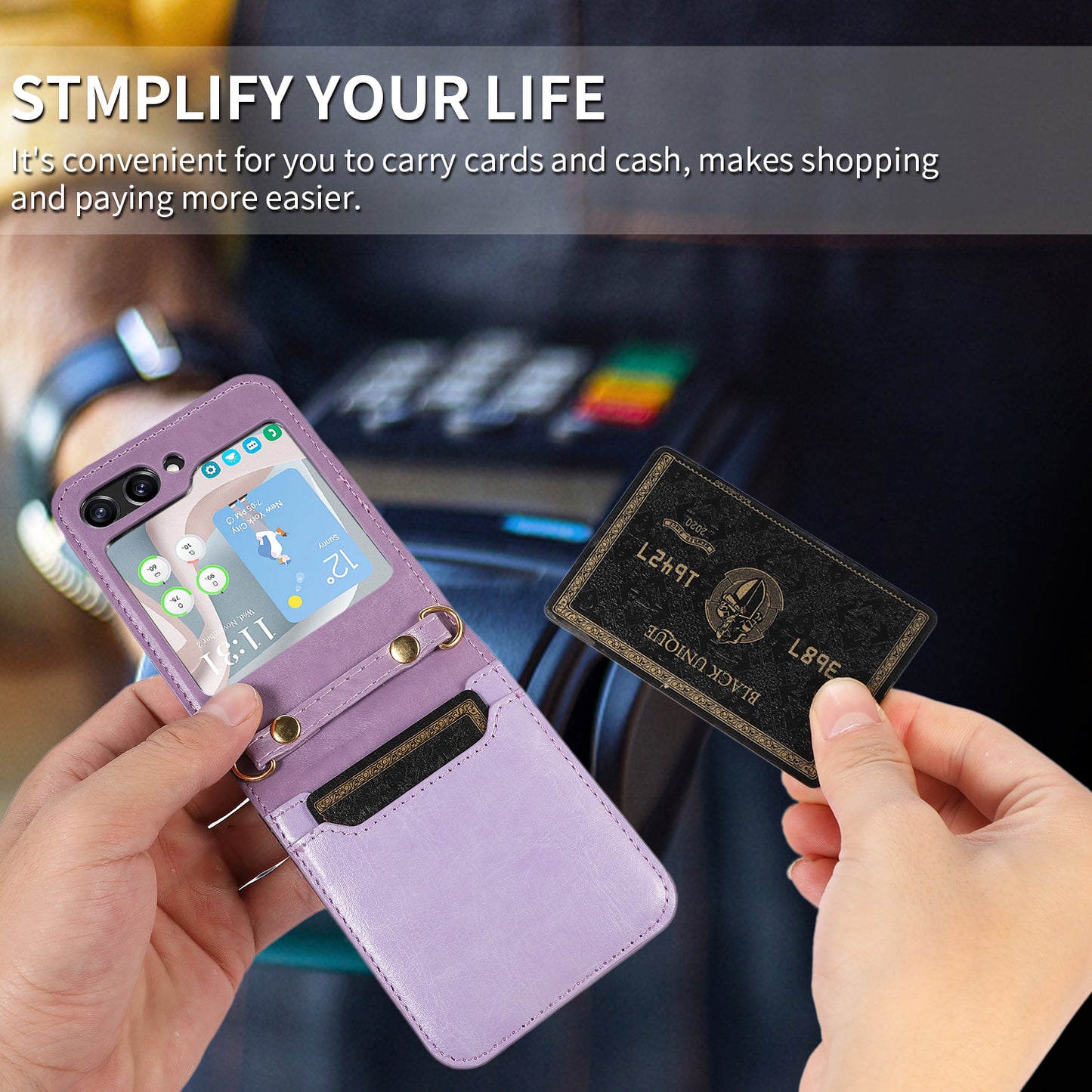 For Samsung Galaxy Z Flip5 5G PU Leather PC Phone Case Anti-Drop Protective Cover with Shoulder Strap
