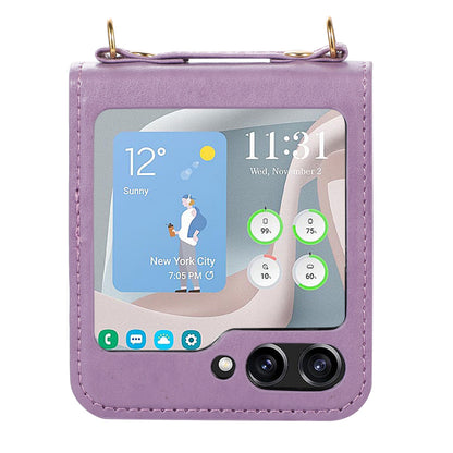 For Samsung Galaxy Z Flip5 5G PU Leather PC Phone Case Anti-Drop Protective Cover with Shoulder Strap