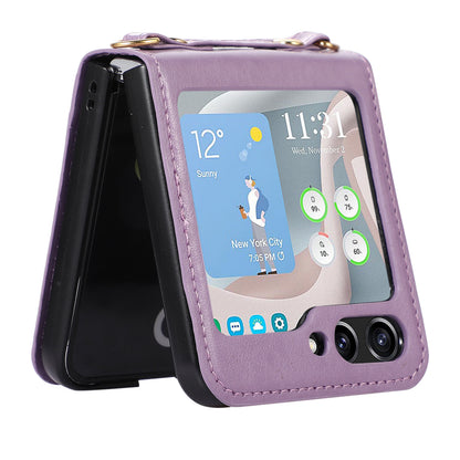 For Samsung Galaxy Z Flip5 5G PU Leather PC Phone Case Anti-Drop Protective Cover with Shoulder Strap