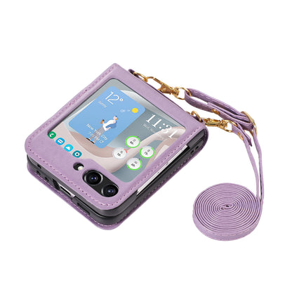 For Samsung Galaxy Z Flip5 5G PU Leather PC Phone Case Anti-Drop Protective Cover with Shoulder Strap