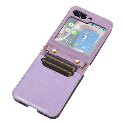 For Samsung Galaxy Z Flip5 5G PU Leather PC Phone Case Anti-Drop Protective Cover with Shoulder Strap
