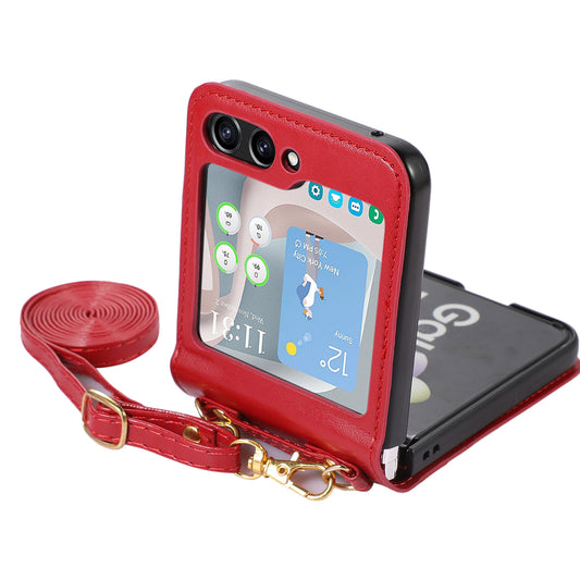For Samsung Galaxy Z Flip5 5G PU Leather PC Phone Case Anti-Drop Protective Cover with Shoulder Strap