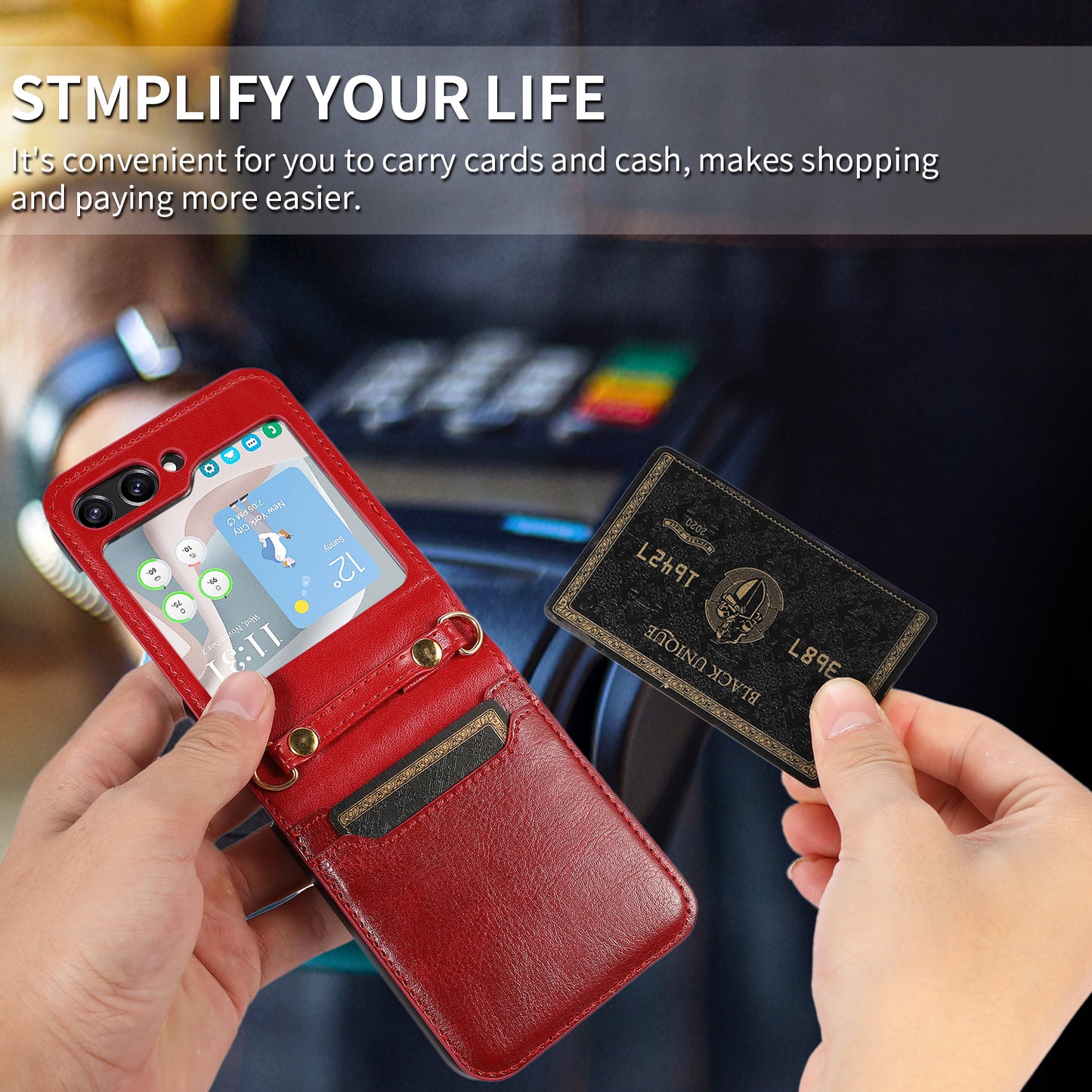 For Samsung Galaxy Z Flip5 5G PU Leather PC Phone Case Anti-Drop Protective Cover with Shoulder Strap