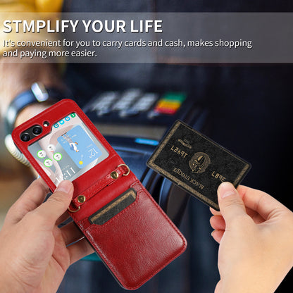 For Samsung Galaxy Z Flip5 5G PU Leather PC Phone Case Anti-Drop Protective Cover with Shoulder Strap