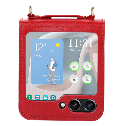 For Samsung Galaxy Z Flip5 5G PU Leather PC Phone Case Anti-Drop Protective Cover with Shoulder Strap