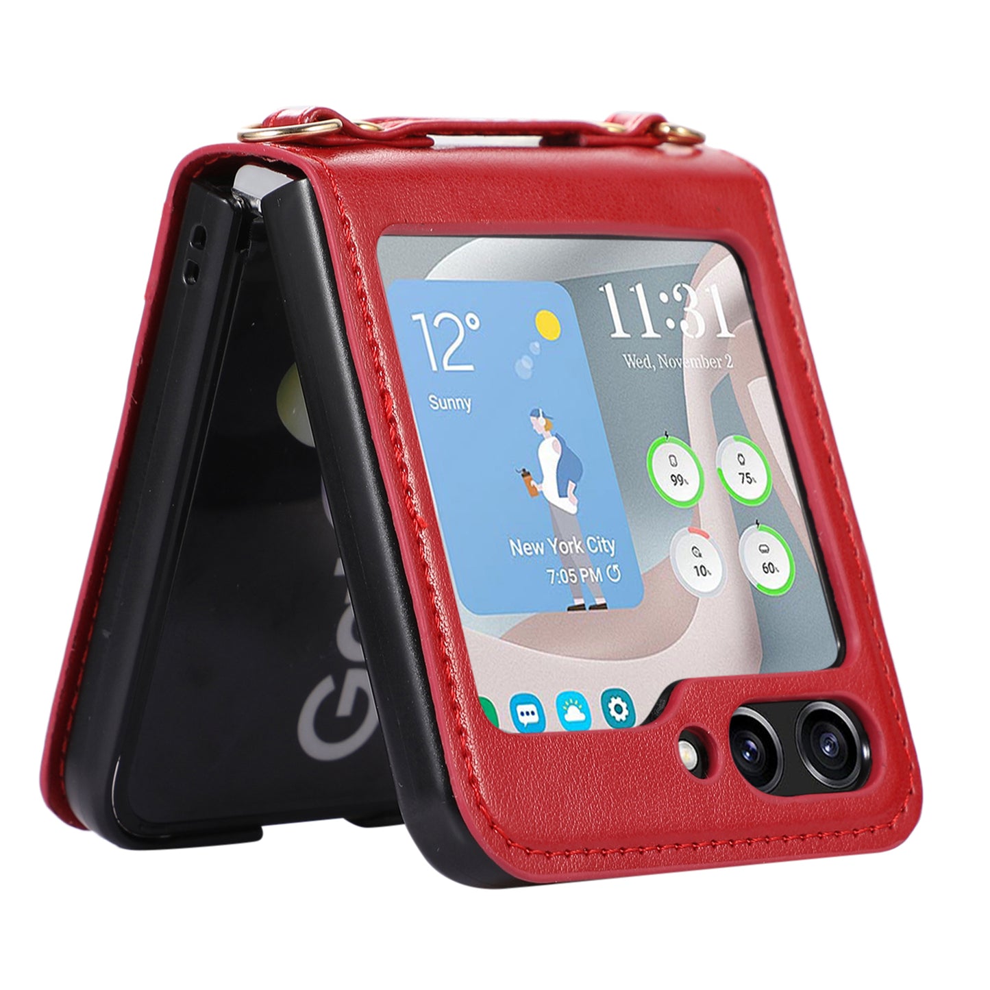 For Samsung Galaxy Z Flip5 5G PU Leather PC Phone Case Anti-Drop Protective Cover with Shoulder Strap