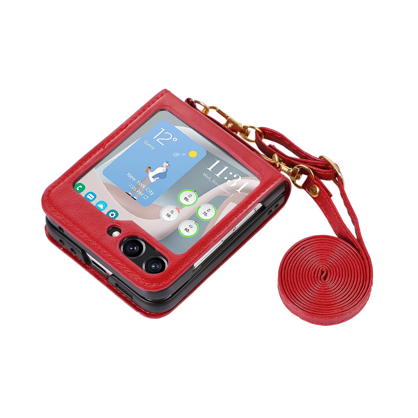 For Samsung Galaxy Z Flip5 5G PU Leather PC Phone Case Anti-Drop Protective Cover with Shoulder Strap