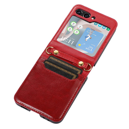 For Samsung Galaxy Z Flip5 5G PU Leather PC Phone Case Anti-Drop Protective Cover with Shoulder Strap