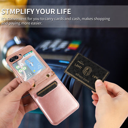 For Samsung Galaxy Z Flip5 5G PU Leather PC Phone Case Anti-Drop Protective Cover with Shoulder Strap