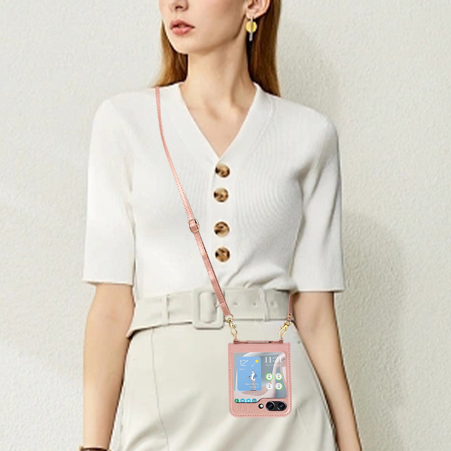 For Samsung Galaxy Z Flip5 5G PU Leather PC Phone Case Anti-Drop Protective Cover with Shoulder Strap