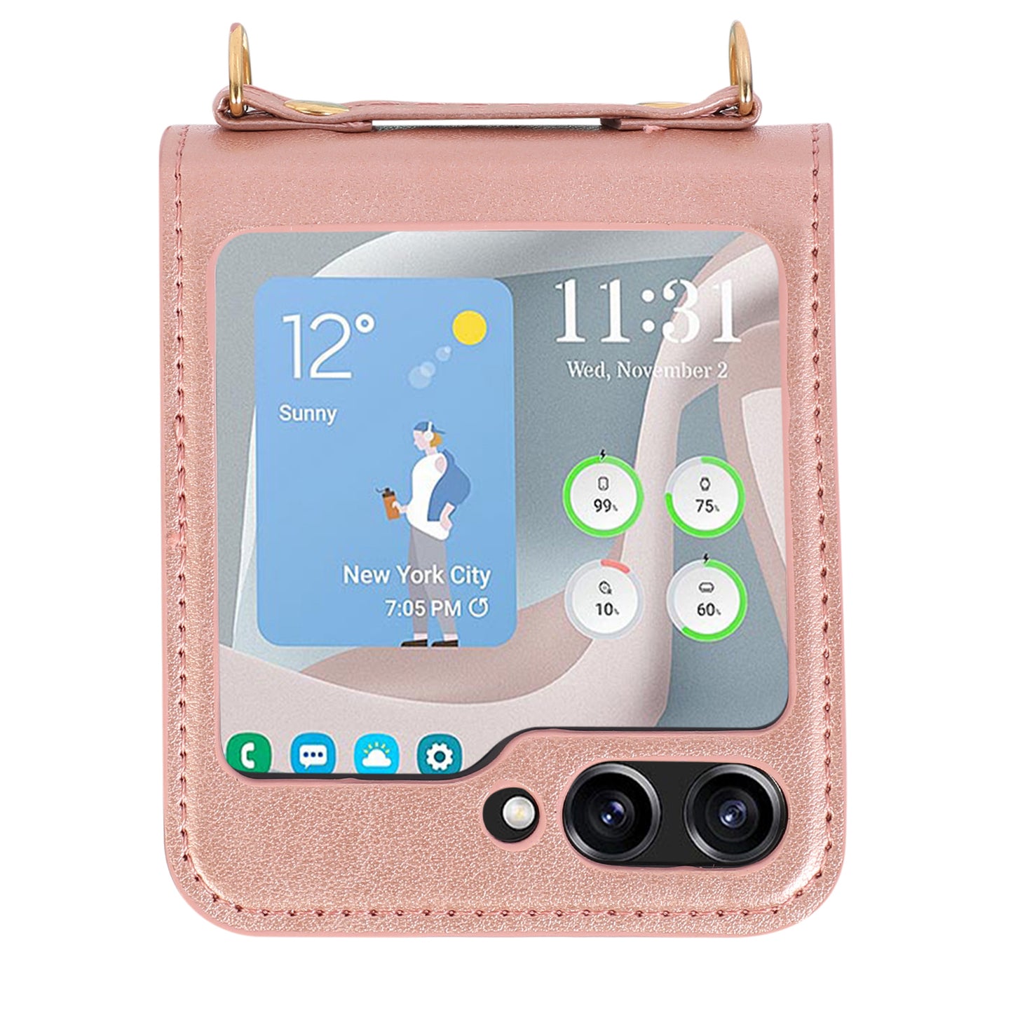 For Samsung Galaxy Z Flip5 5G PU Leather PC Phone Case Anti-Drop Protective Cover with Shoulder Strap