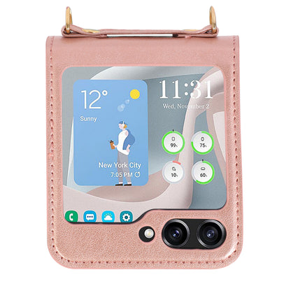 For Samsung Galaxy Z Flip5 5G PU Leather PC Phone Case Anti-Drop Protective Cover with Shoulder Strap