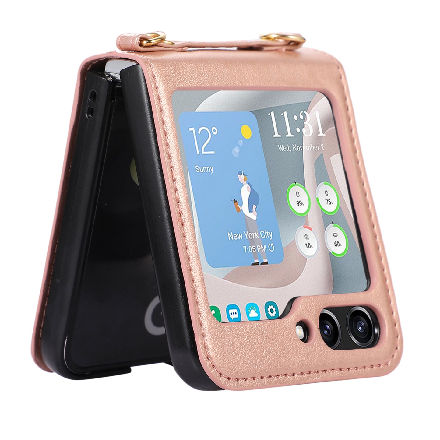 For Samsung Galaxy Z Flip5 5G PU Leather PC Phone Case Anti-Drop Protective Cover with Shoulder Strap
