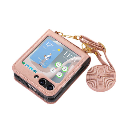 For Samsung Galaxy Z Flip5 5G PU Leather PC Phone Case Anti-Drop Protective Cover with Shoulder Strap
