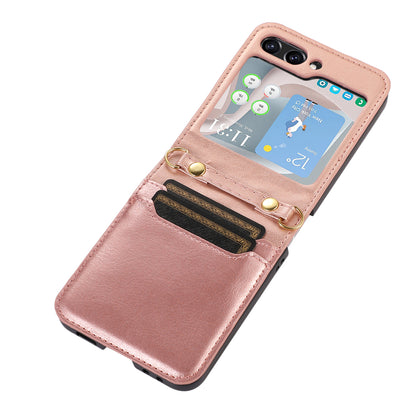 For Samsung Galaxy Z Flip5 5G PU Leather PC Phone Case Anti-Drop Protective Cover with Shoulder Strap