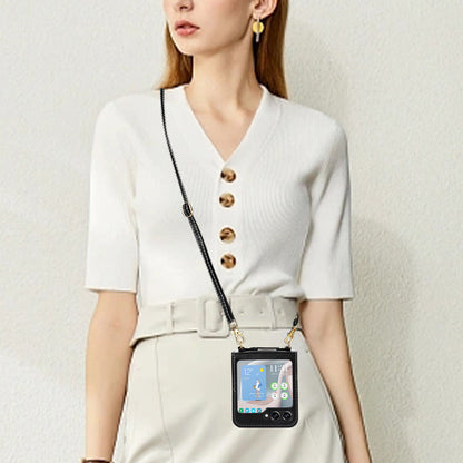 For Samsung Galaxy Z Flip5 5G PU Leather PC Phone Case Anti-Drop Protective Cover with Shoulder Strap
