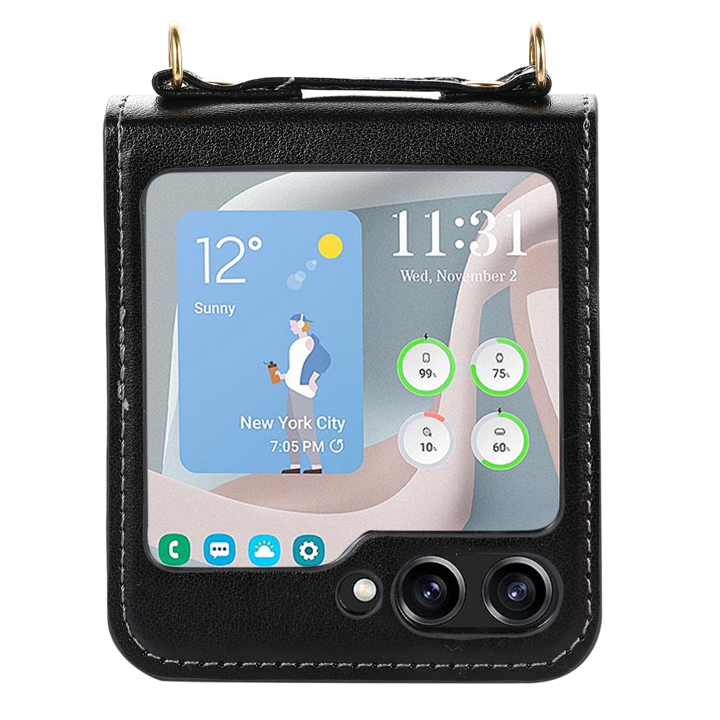 For Samsung Galaxy Z Flip5 5G PU Leather PC Phone Case Anti-Drop Protective Cover with Shoulder Strap