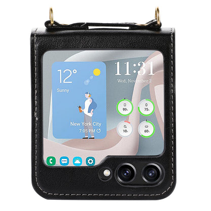 For Samsung Galaxy Z Flip5 5G PU Leather PC Phone Case Anti-Drop Protective Cover with Shoulder Strap