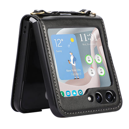 For Samsung Galaxy Z Flip5 5G PU Leather PC Phone Case Anti-Drop Protective Cover with Shoulder Strap