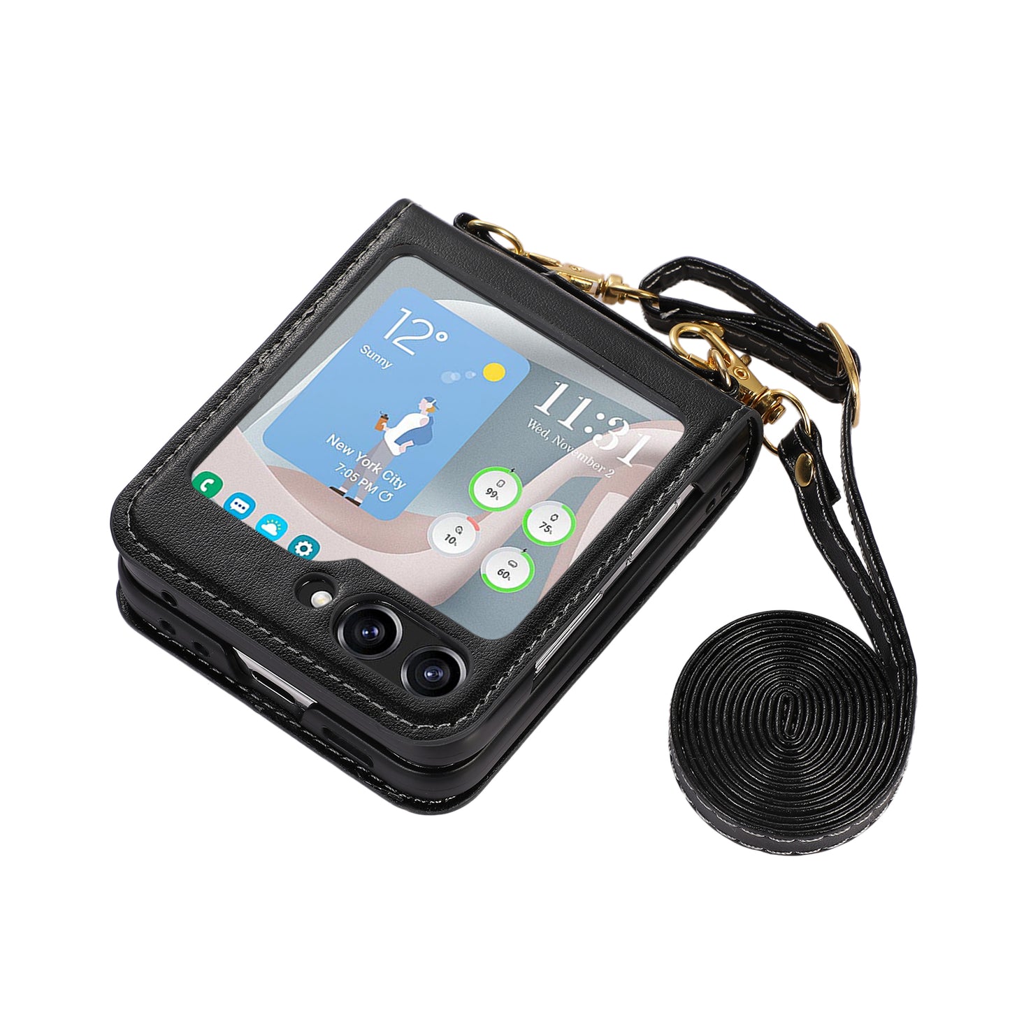 For Samsung Galaxy Z Flip5 5G PU Leather PC Phone Case Anti-Drop Protective Cover with Shoulder Strap