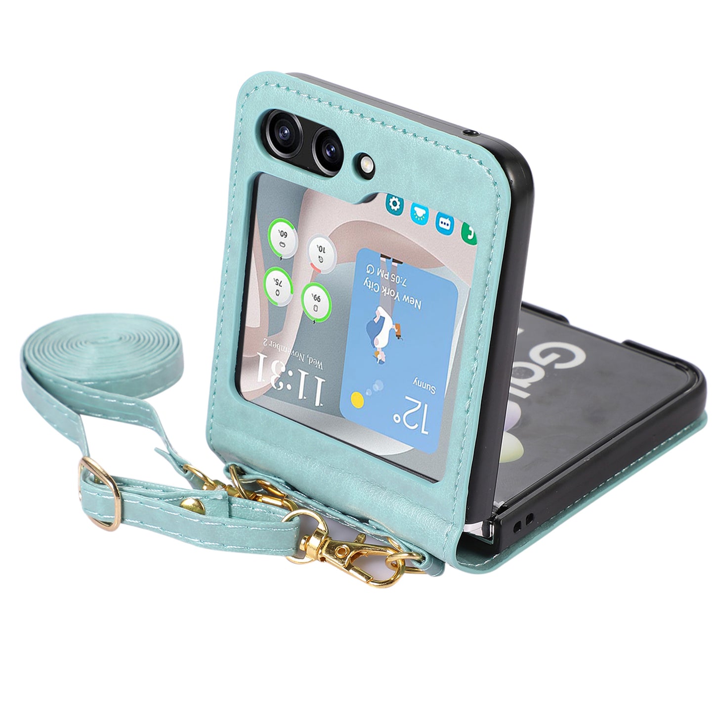 For Samsung Galaxy Z Flip5 5G PU Leather PC Phone Case Anti-Drop Protective Cover with Shoulder Strap